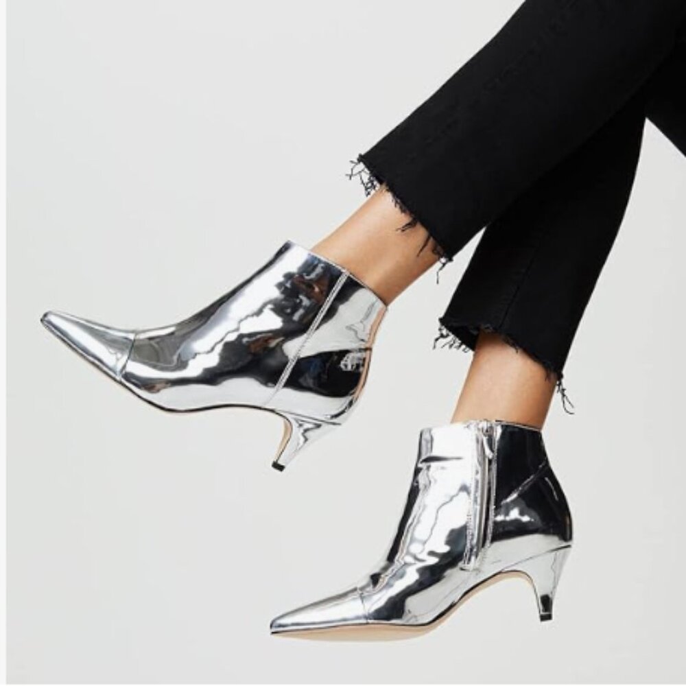 XYD Silver Kitten Heel Ankle Boots Pointed Toe Side Zipper Prom Party Bootie